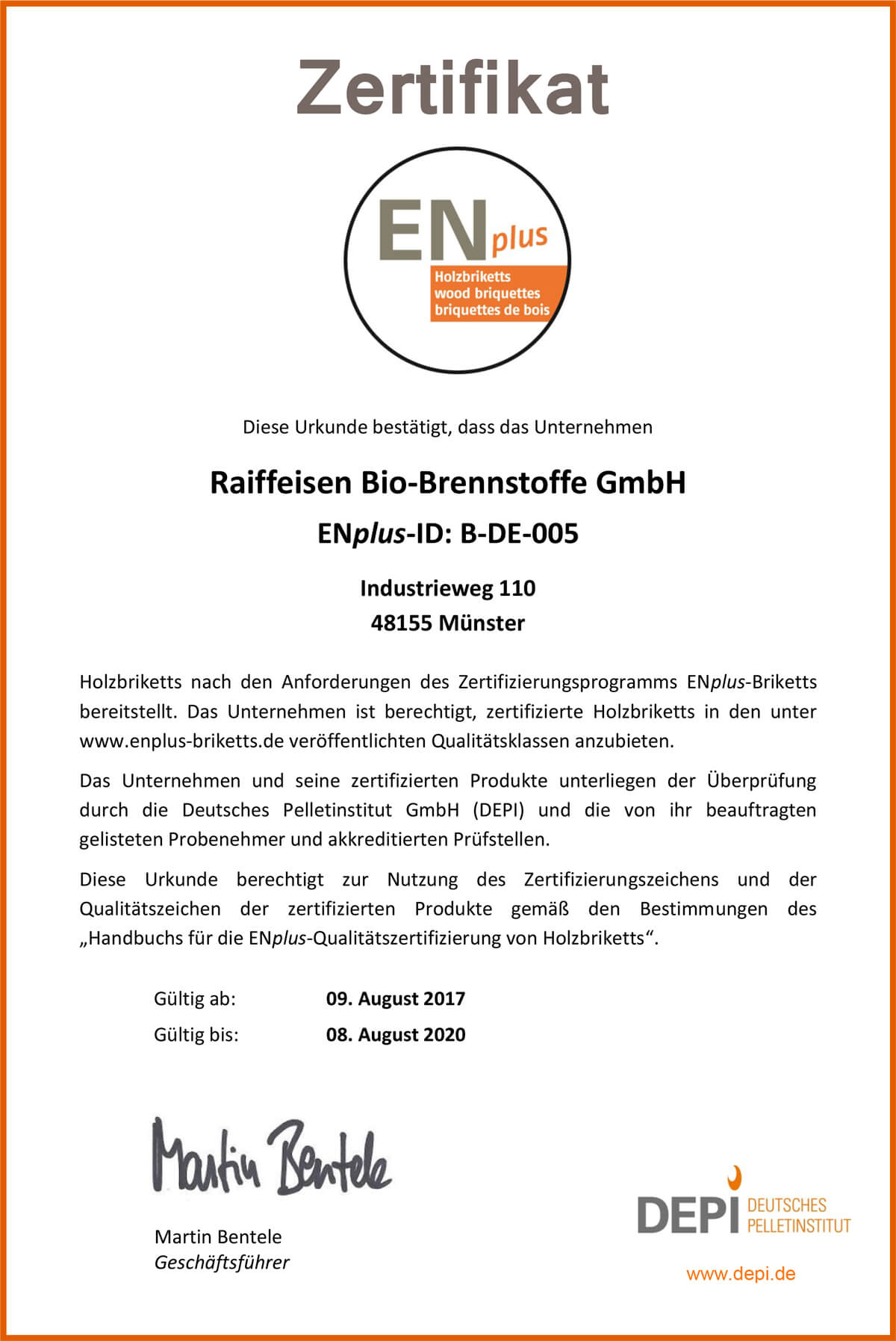 Zertifikat ENplus-ID: B-DE-005 - 2017-2020