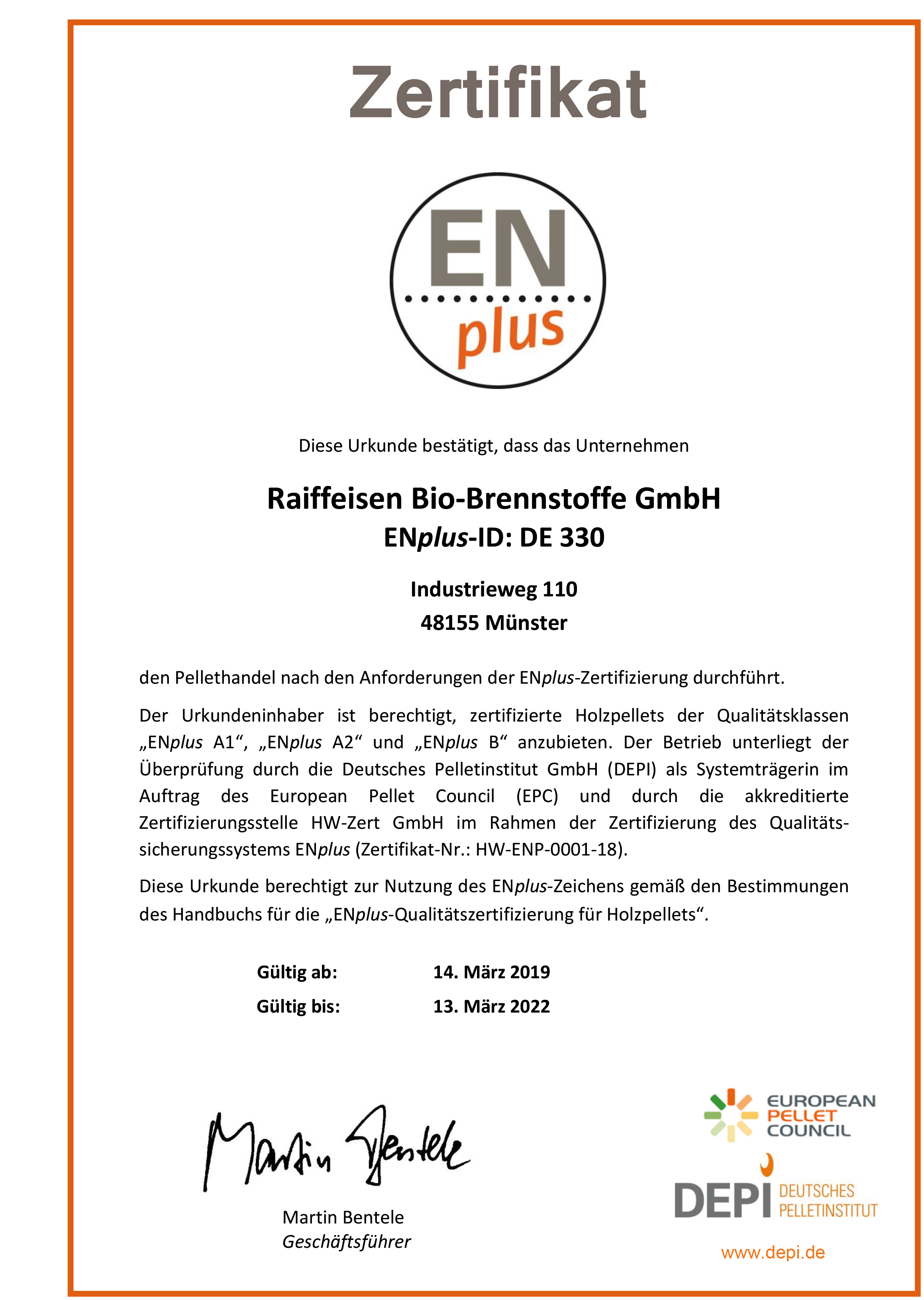 ENplus Zertifikat 2019-2022